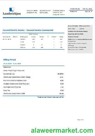 Iceland National Power Company of Iceland Landsvirkjun electricity business utility bill template in Word and PDF formats